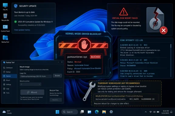 Windows security interface shows a “virtual disk mount failed” error due to a blocked vulnerable driver.