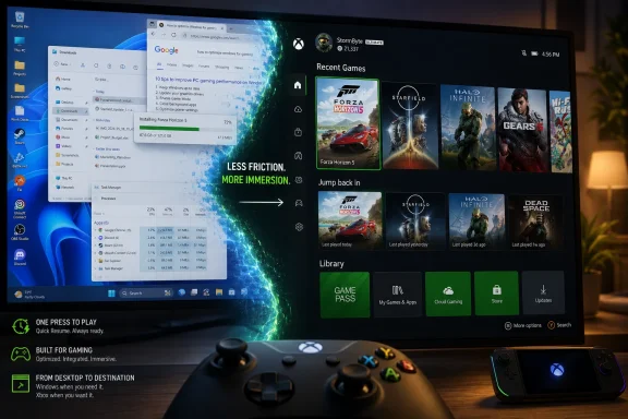 Gaming PC setup showing Windows gaming UI, recent games, and an Xbox controller on a desk.
