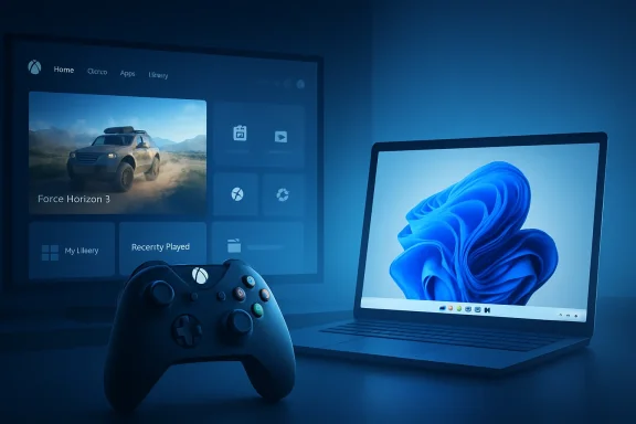 Blue gaming setup with controller and two screens showing a car game and Windows 11 desktop.