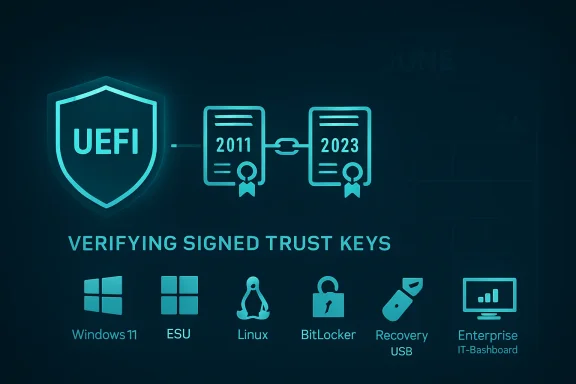 UEFI secure boot graphic showing signed trust keys verification between 2011 and 2023.
