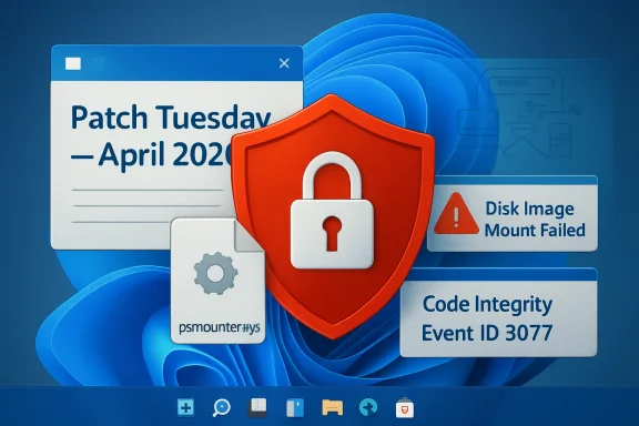 Patch Tuesday alerts show disk image mount failed and code integrity event ID 3077 with a lock shield icon.