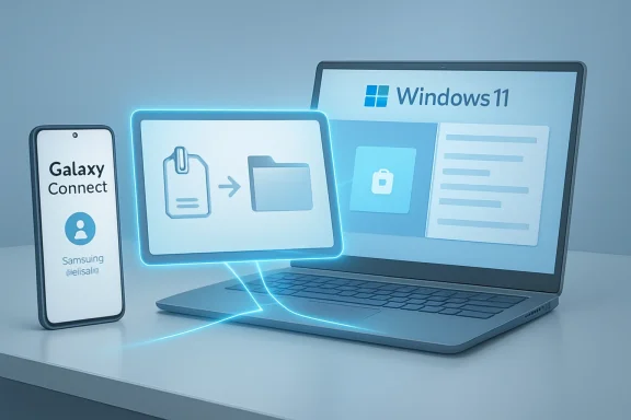 Smarthphone connected to a Windows 11 laptop via Samsung Galaxy Connect with file-transfer icons.