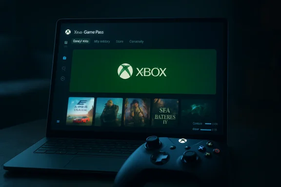 Laptop screen shows Xbox Game Pass with an illuminated Xbox controller in the foreground.