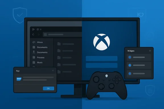 Blue computer screen setup with radiation symbol, game controller, and widget window prompts.