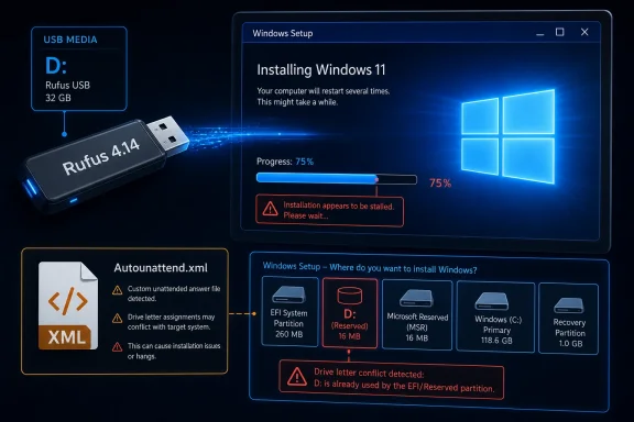 Windows 11 USB setup screen shows installation stalled at 75% with drive-letter conflicts and autounattend.xml warnings.
