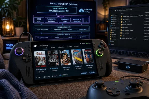 Retro handheld emulator screen shows EmulationStation-DE with game collections, in a cozy setup.