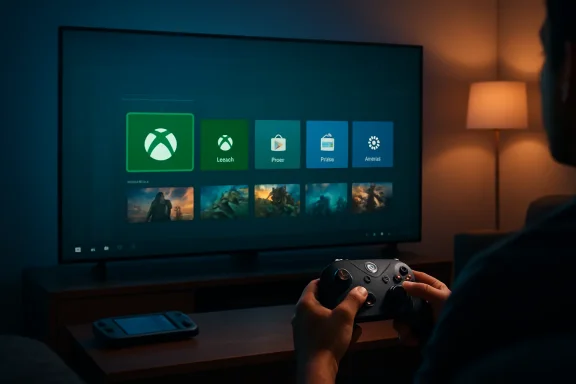 Person holding a game controller in a dim room while a TV screen displays gaming icons and thumbnails.