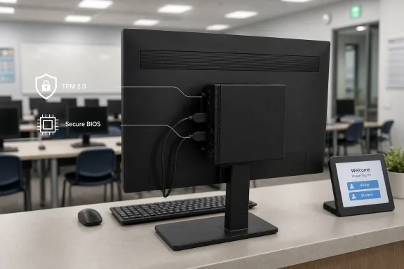 Security-enabled desktop monitor setup in an office with TPM 2.0 and Secure BIOS overlays.