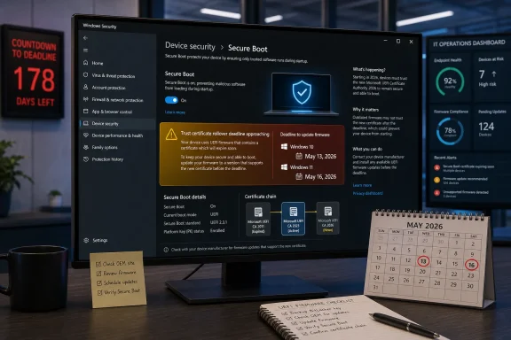 Windows Security screen shows Secure Boot enabled with certificate rollover deadline notifications at a desk.