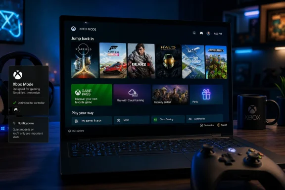 Xbox Mode dashboard on a laptop screen with game tiles in a neon-lit gaming setup.