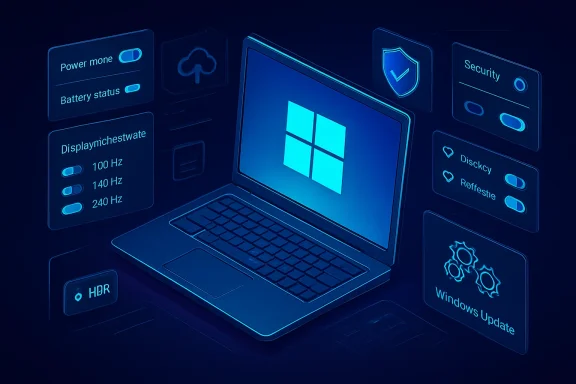 Blue neon dashboard UI around a laptop showing power, battery, security, and Windows update status.