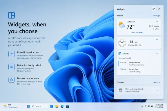Windows 11 Widgets pane shown on a blue abstract desktop background with weather, time, and calendar cards.