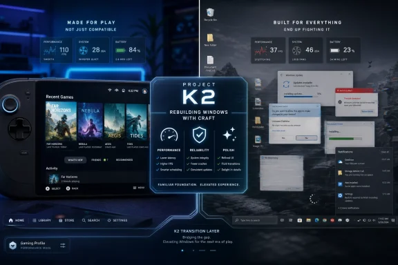 Futuristic game launcher UI “Project K2” shows performance stats and Windows update alerts in a sci‑fi theme.