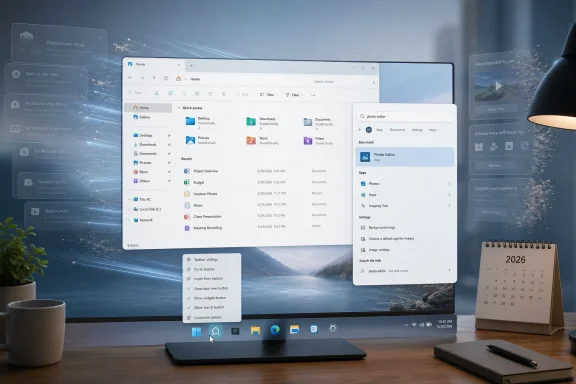 Desktop shows Windows File Explorer with taskbar settings and a “Photo Editor” search panel on a scenic background.