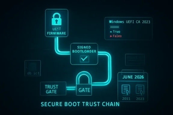 Digital secure boot trust chain diagram with locked gate and signed bootloader for Windows UEFI CA 2023.