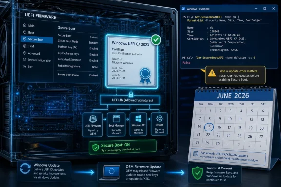 UEFI Secure Boot settings shown with a Windows PowerShell certificate check and a June 2026 update calendar.
