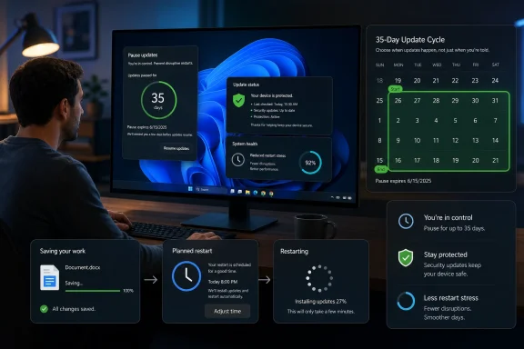 Man at desk viewing Windows update control screen with paused updates and 35-day update cycle.
