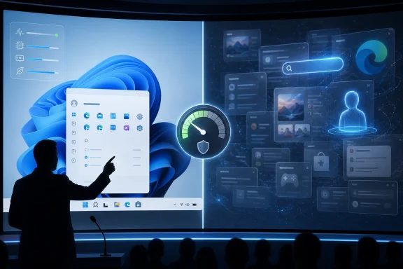 A presenter points at a Windows-style interface on a large screen with a security and cloud data theme.