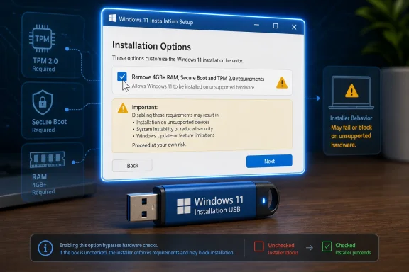 Windows 11 installation setup screen showing options to bypass TPM/Secure Boot/RAM requirements.