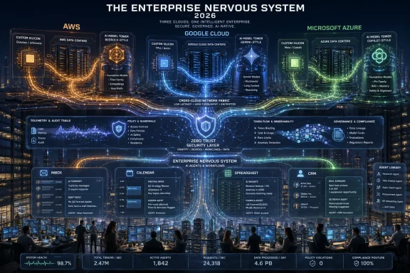 Futuristic “enterprise nervous system” diagram linking AWS, Google Cloud, and Azure with security, telemetry, and AI agents.