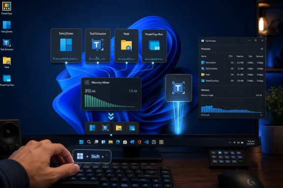 Desktop with PowerToys FancyZones and Memory Meter running on a Windows 11 PC.