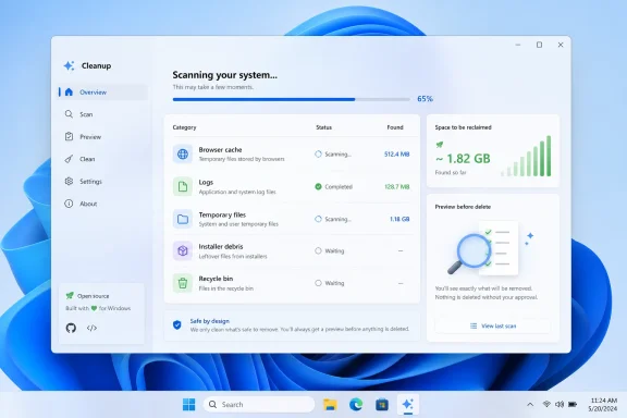 Windows cleanup app UI showing system scanning at 65% with items found and space to reclaim.