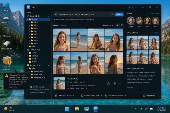 Photo search app interface showing 142 beach images of Emma, with match percentages and thumbnails.