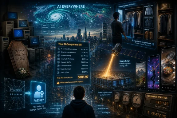 Futuristic city tech ad shows an “AI Everywhere” dashboard with smart wardrobe, pricing, and energy visuals.