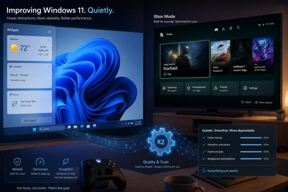Split-screen ad showing Windows 11 with Xbox Mode, widget panel, and “Quietly” performance improvements.