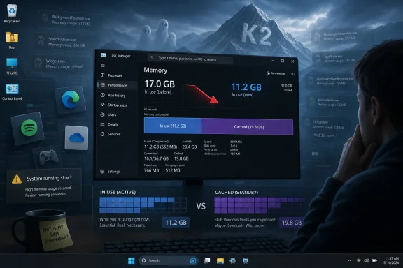 Task Manager shows high memory use (11.2GB in use, 19.8GB cached) on a Windows desktop with mountains wallpaper.