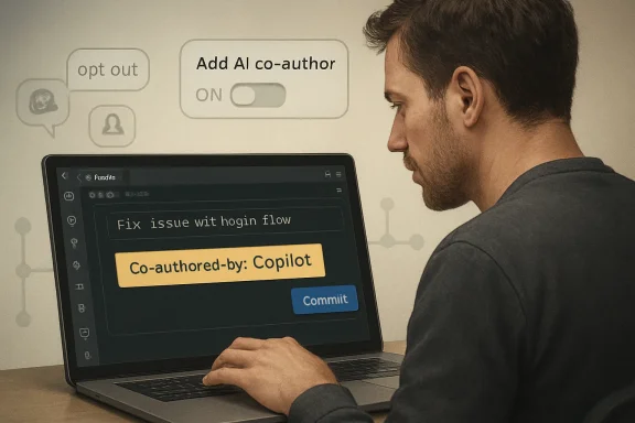 Man working on a laptop with an AI co-authoring prompt and “Co-authored-by: Copilot” message.