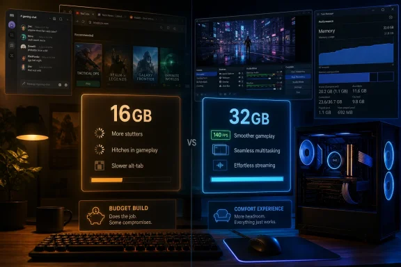 Gaming PC setup with dual performance panels showing 16GB vs 32GB, multitasking and streaming features.