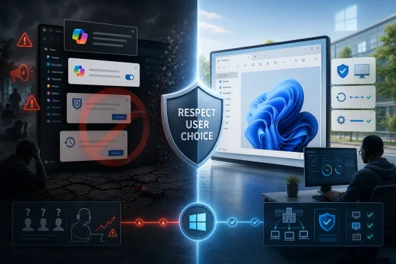 Split scene of Windows desktop security with user choice shield and warning icons, showing protected system status.