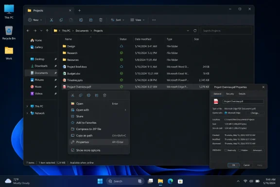 Windows File Explorer open to “Projects,” with right-click Properties shown for a PDF document.