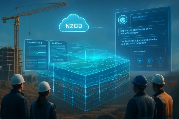 Construction workers view a holographic cloud and data dashboard over a building site.