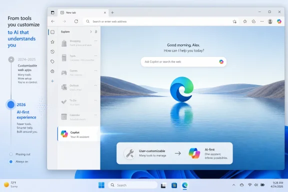 A Windows browser home screen shows Microsoft Copilot beside a scenic lake background and AI-first sidebar.
