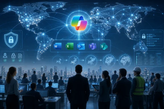 Global cybersecurity dashboard with Microsoft Office icons, encrypted data, and professionals in a futuristic command center.