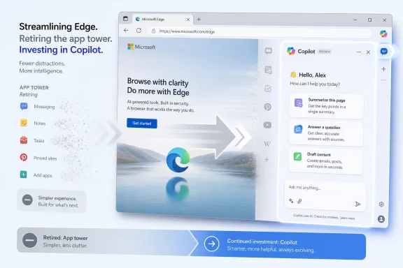 Screenshot of Microsoft Edge marketing page featuring Copilot with prompts to summarize, answer, and draft content.