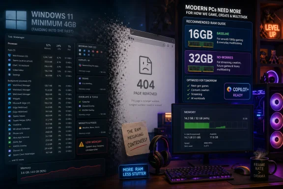 Futuristic gaming PC setup showing Windows 11 RAM warnings and “404 page removed” on screen.
