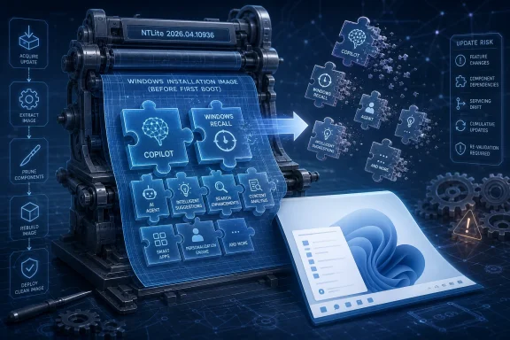 Futuristic lab diagram showing Windows install image with Copilot risk update and puzzle-piece components.