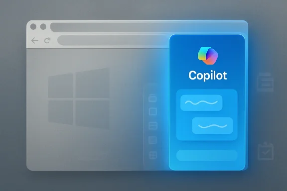 Screenshot-style image showing Microsoft Copilot interface on a blue panel beside a browser window.