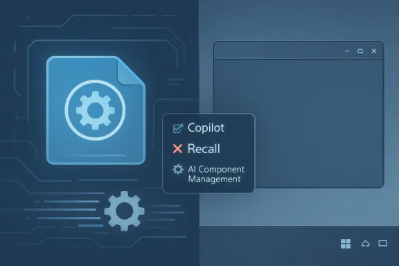 Blue tech diagram showing “Copilot” with “Recall” failed and “AI Component Management” in a document interface.