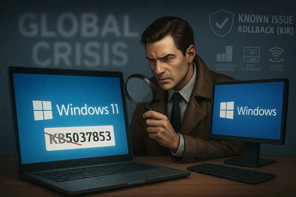 Suspicious man holding a magnifying glass between two Windows 11 screens labeled with a rollback issue.