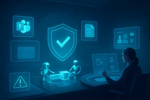 Blue holographic cybersecurity interface with a shield checkmark and warning icons, shown with two robots and a seated user.