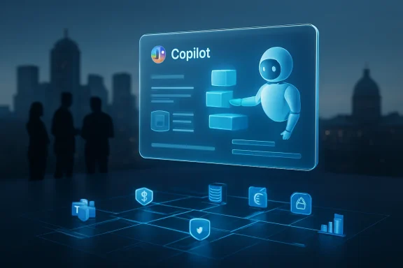 Futuristic “Copilot” AI assistant graphic on a tablet-style display over a city skyline.