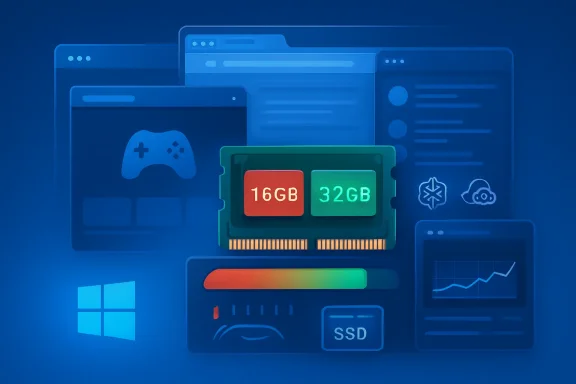Digital storage concept with SSD showing 16GB and 32GB amid multiple blue app windows.