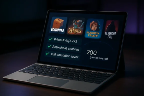 A laptop shows a game selection dashboard with checkmarks and “200 games tested” on screen.