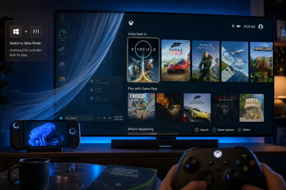Xbox dashboard on a TV display shows Game Pass game tiles beside a handheld controller.