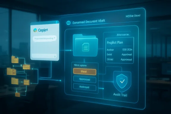 Futuristic holographic dashboard shows document workflow with audit trail and Copilot interface.