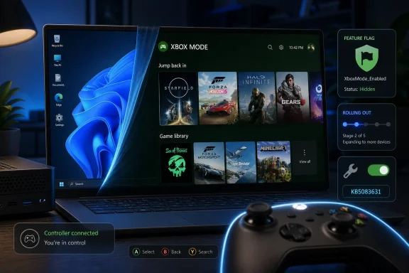 A laptop screen shows Windows with Xbox Mode and game library cards, with an Xbox controller connected.